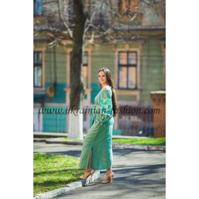 Boho Style Ukrainian Embroidered Maxi Dress Bluegreen with Green/White Embroidery
